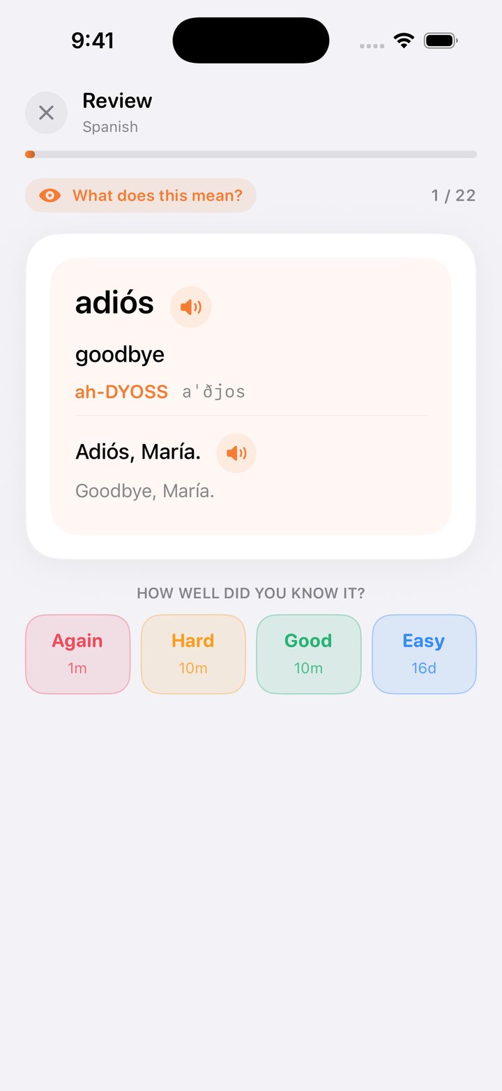 A Spanish review card for adiós with Again, Hard, Good and Easy buttons